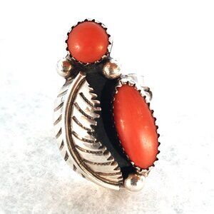 Bold Vintage Native American Navajo Red Coral Sterling Silver Statement Ring